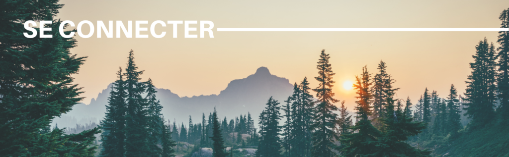 En-dessous du titre « Se connecter », le soleil se couche à travers des montagnes et les arbres d'une forêt